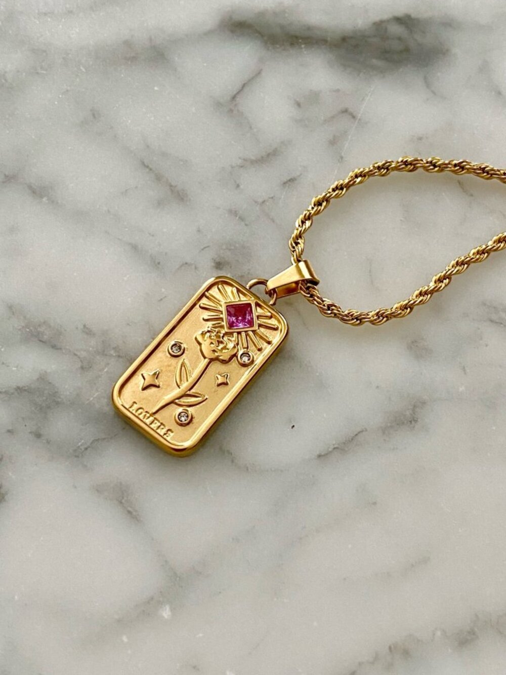 Gold Tone Tarot Rose Pink Crystal Pendant Necklace